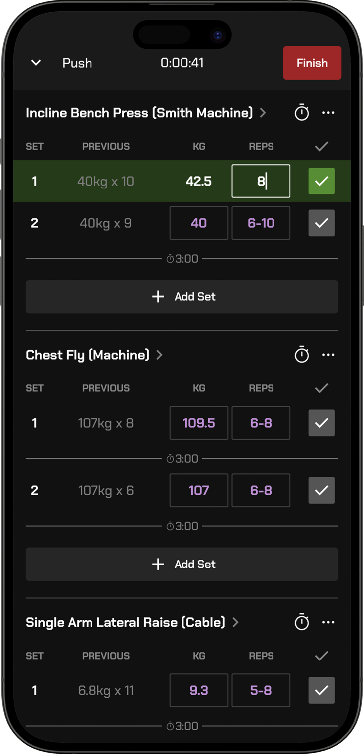 A Liftriser workout with Coach's suggested weight and reps in purple on each set