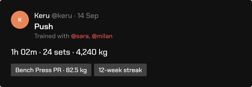 A feed post of a push workout with a bench press PR and a 12-week streak