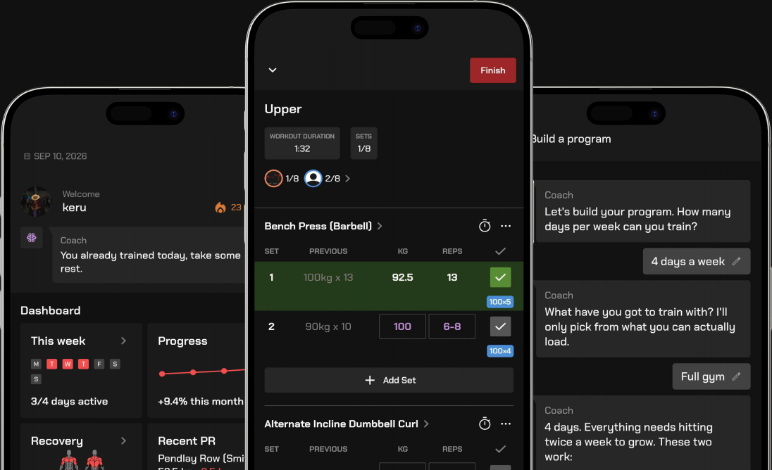 Liftriser on three phones: the home dashboard, a workout with Coach suggestions, and Coach building a program
